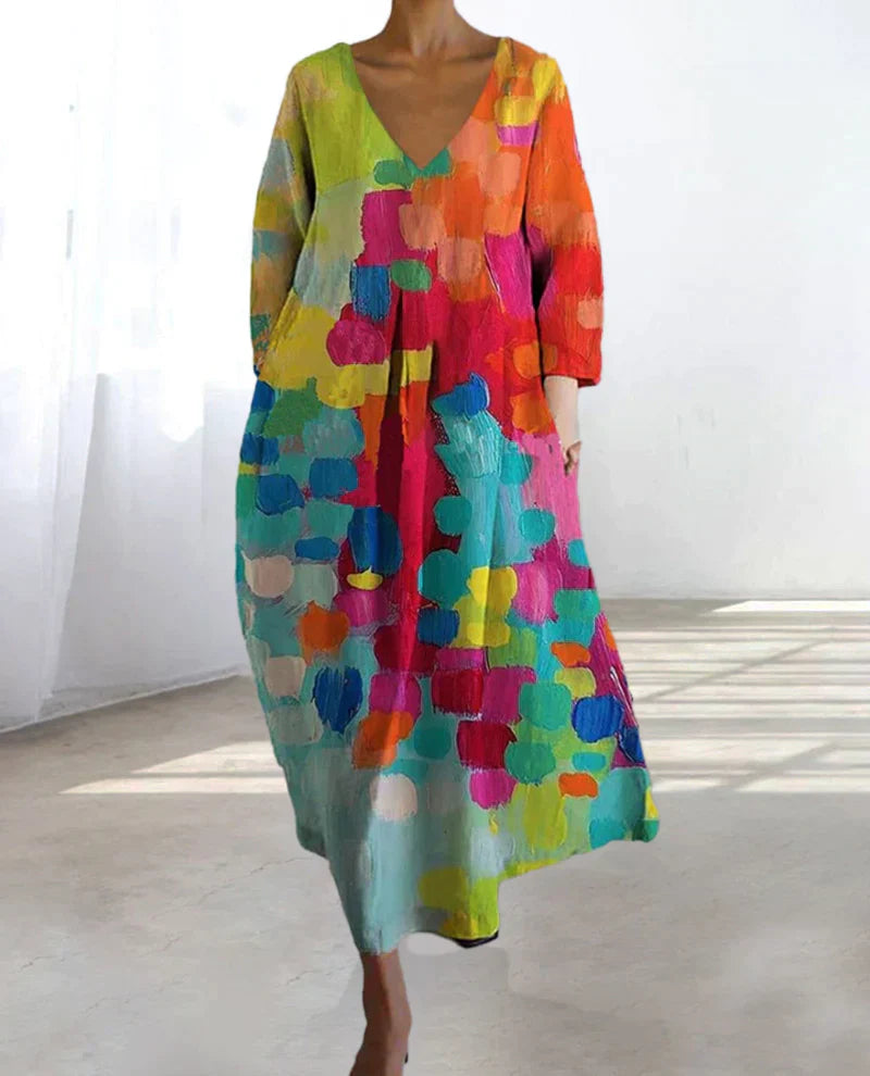 WW | Bunt Bedrucktes Kleid mit V-Ausschnitt