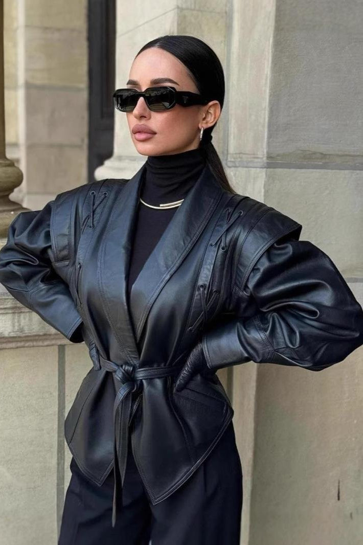 WW | Gürtelted PU-Lederjacke