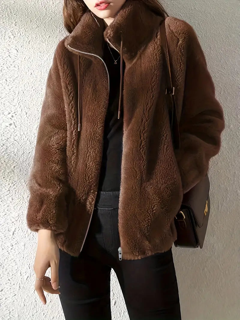 WW | Teddy Coat Oversized Fit Soft Fleece High Collar with Zipper Closure