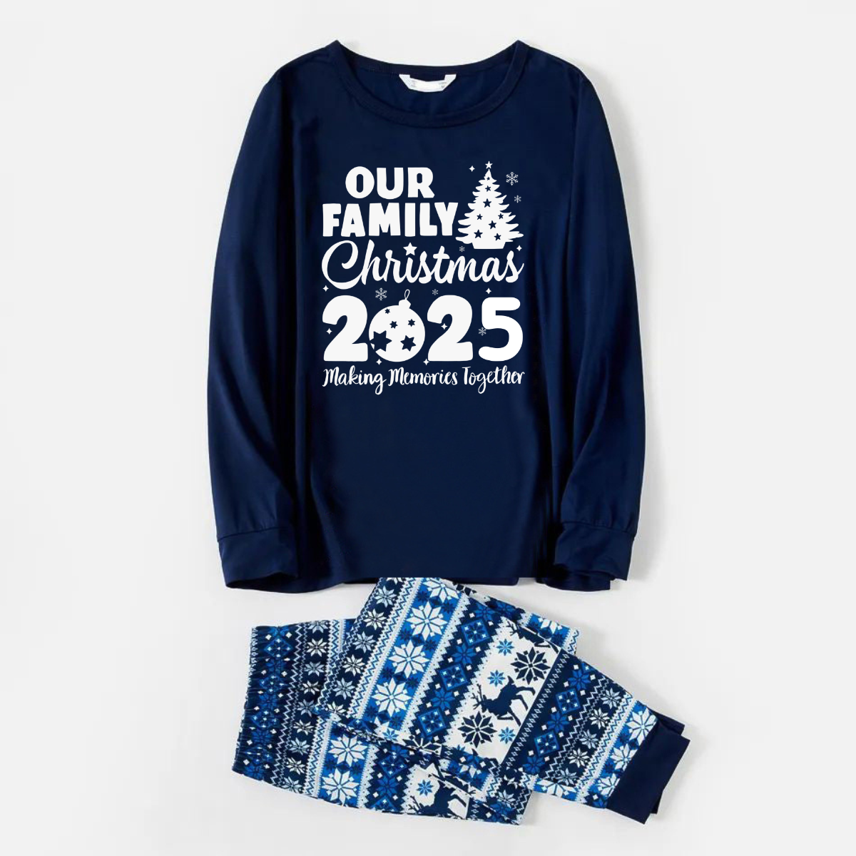 WW | Our Family Christmas 2025 Creating Memories Together Letter Print Blue Long Sleeve with Blue Floral Pants Family Matching Pajama Sets