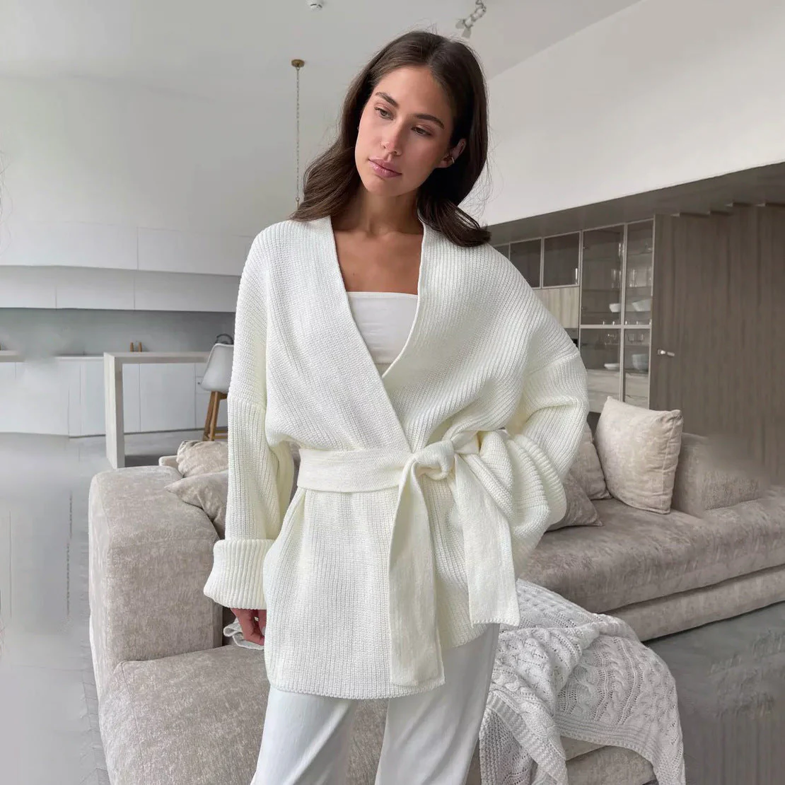 WW | Cozy ribbed knit wrap cardigan with tie belt