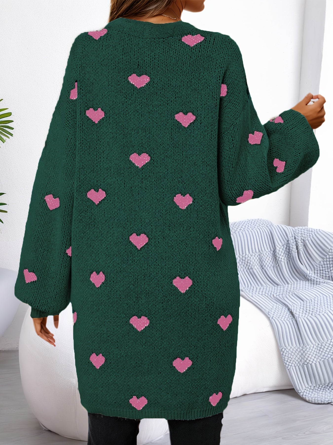 WW | Heart Pattern Long Length Wool Cardigan For Women - Ideal for Winter