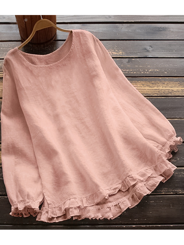 WW | Crew Neck Solid Color Long Sleeve Ruffle Linen Tops