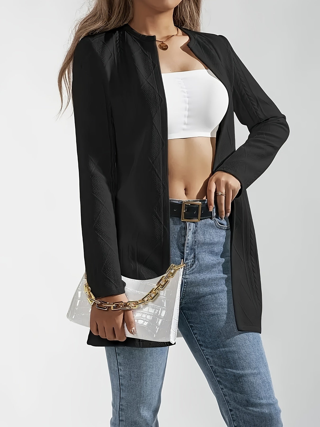 WW | Chic White Textured Open Jacket for an Elegant Style