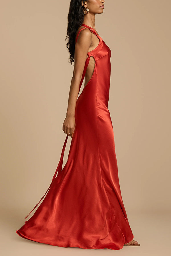 Long satin dress with asymmetric one-shoulder design and open back