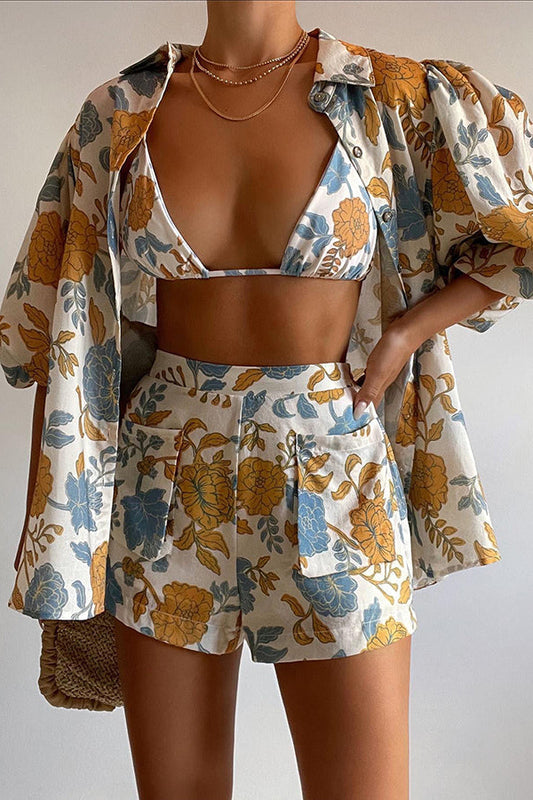 Hawaii – Floral Beach Set with Oversized Shirt, Triangle Bikini Top, and Pocketed Shorts