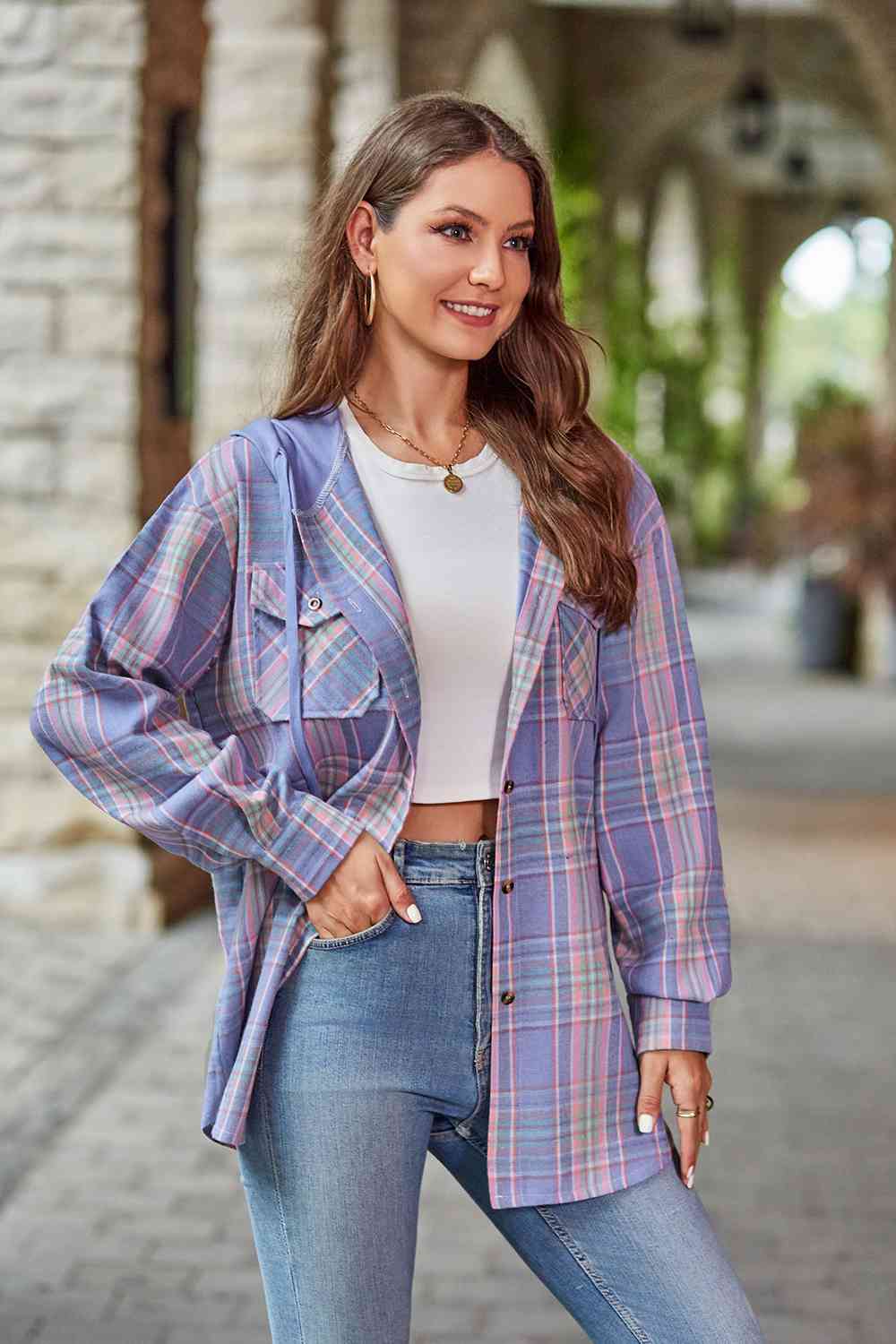 WW | Plaid Long-Sleeved Hooded Jacket