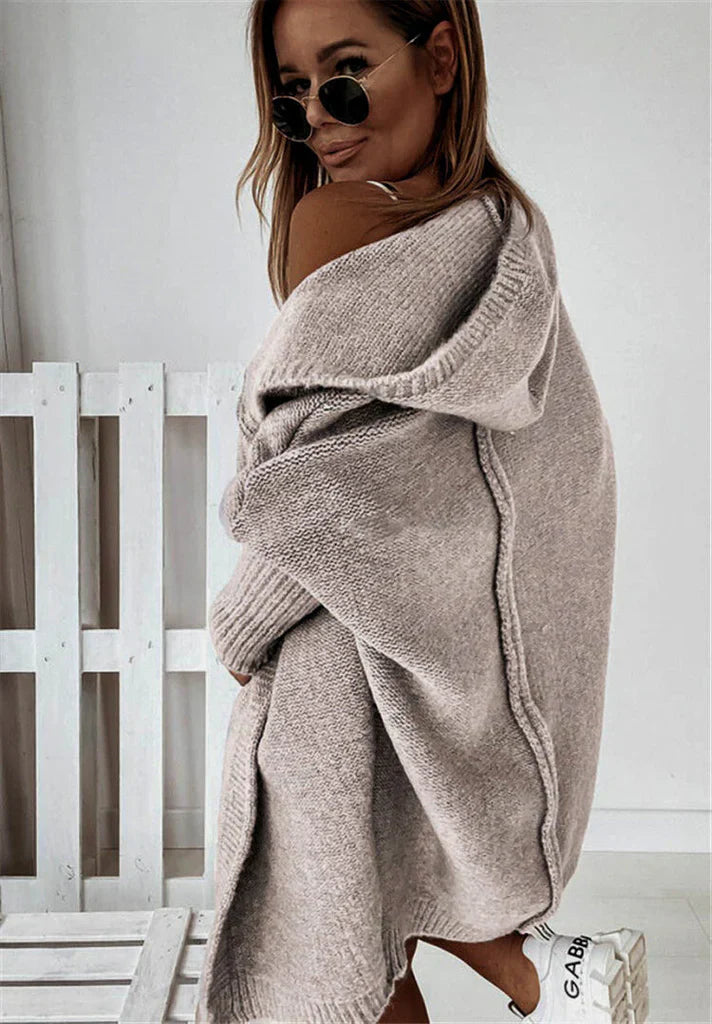 WW | Strickjacke Übergröße Passform Strickwollmischung Kapuze und Offene Vorderseite