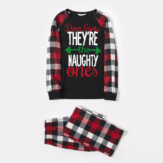 WW | Christmas Matching Family Pajamas Letter Print Black White Plaid Pajama Set 2025