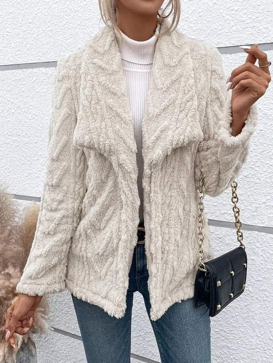 WW | Fleecejacke Lockere Passform Offene Front Schalkragen Hüftlänge Weiches Fleece