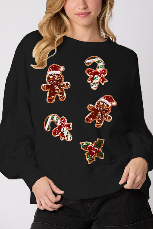 WW | Weihnachts Lebkuchenmann Paillette Lässig Langarm Sweatshirt