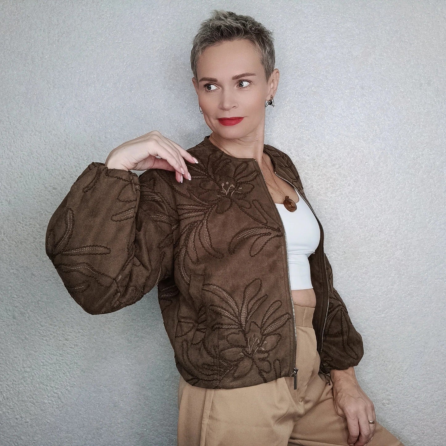 WW | Bomber jacket with suede texture and embroidery