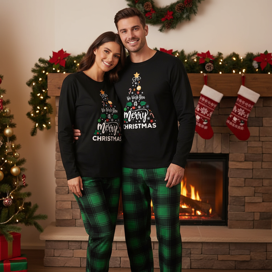 WW | "We wish you a Merry Christmas" Printed Pattern Black Long Sleeve Top with Black and Green Plaid Pants Couple Matching Pajamas