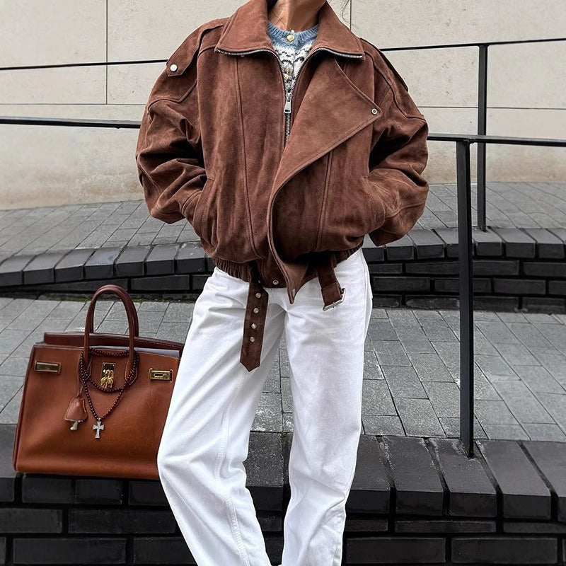 WW | Oversized bomber jacket in a suede look with an asymmetrical zipper