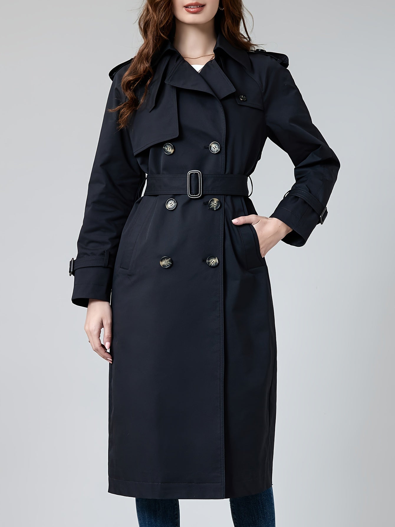 WW | Women's Plain Woven Polyester Trench Coat with Pockets - Ideal for Any Occasion