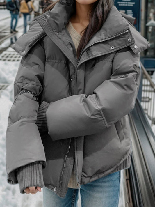 WW | Graue einfarbige Herzverzierte Kapuzenpufferjacke