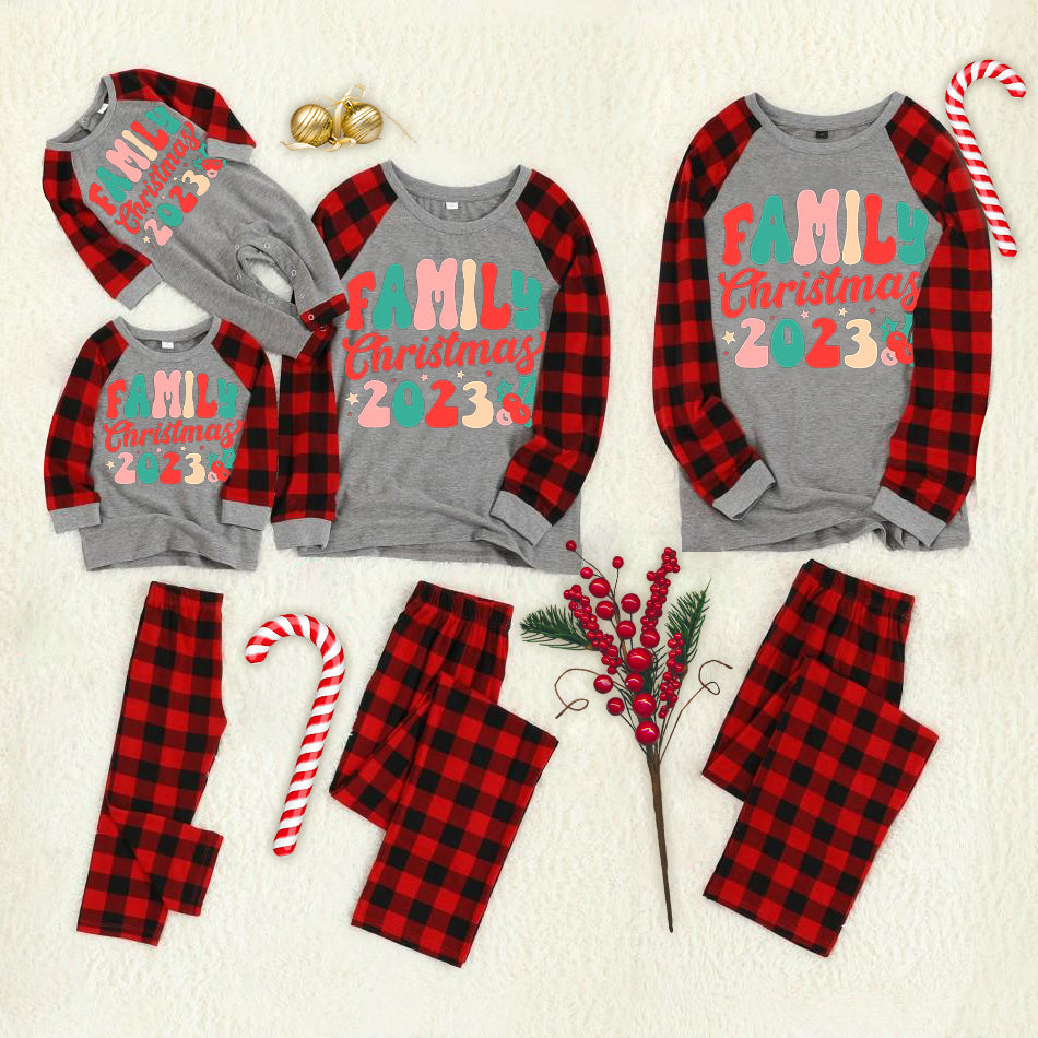 WW | Christmas Cartoon Cat Pattern "Meowy Christmas" Letter Print Contrast Top and Plaid Pants Family Matching Pajama Set with Dog Bandana