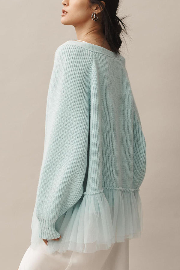 WW | Knit cardigan with mesh ruffle and long sleeves