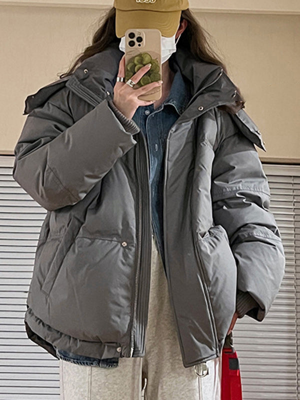 WW | Grey Solid Heart Embellished Hooded Puffer Jacket