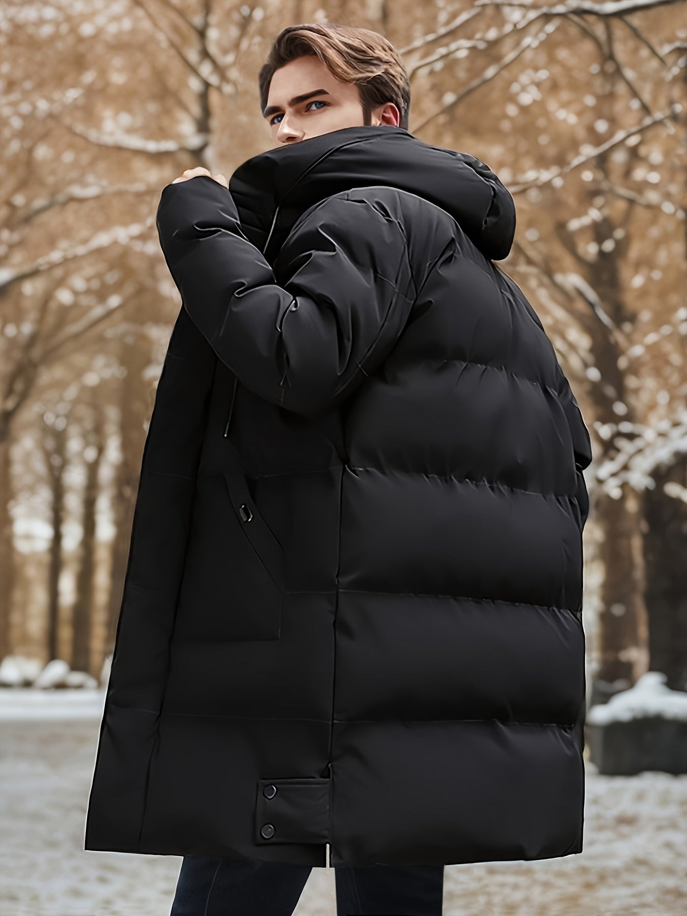 WW | Mid-Length Hooded Puffer Non-Stretch Zip Up Winter Jacket For Men - Perfect for Outdoor Activities