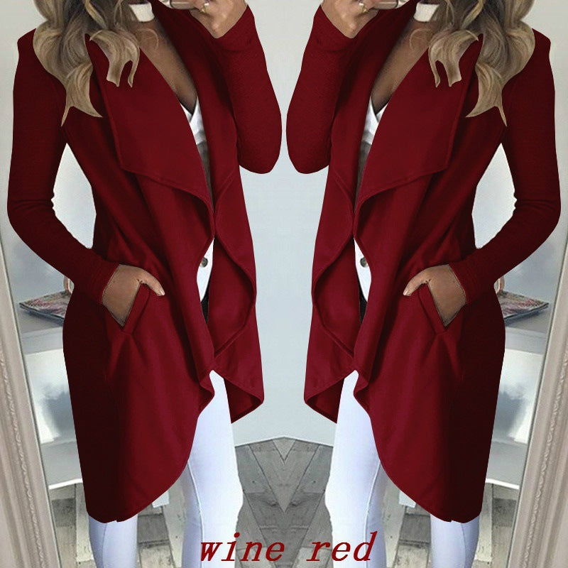 WW | Solid Lapel Slim Long Windbreaker Jacket
