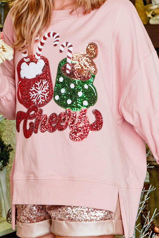 WW | Weihnachts Süßigkeiten Tasse Pailletten Lässiger Lockere Sweatshirt