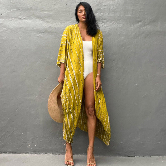 WW | Strandkleid Kimono Stil Lockere Passform Atmungsaktiv Vordere Knopfverschluss