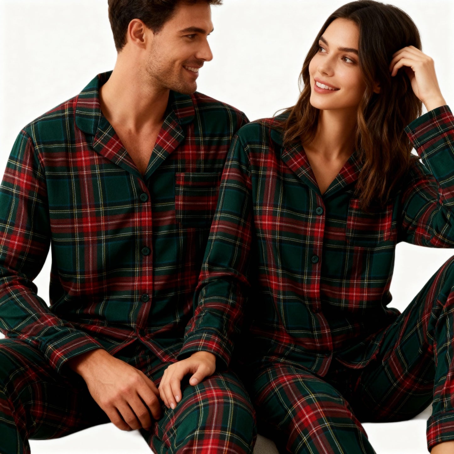 WW | Couple Green Red Plaid Button-Front Pajama Sets