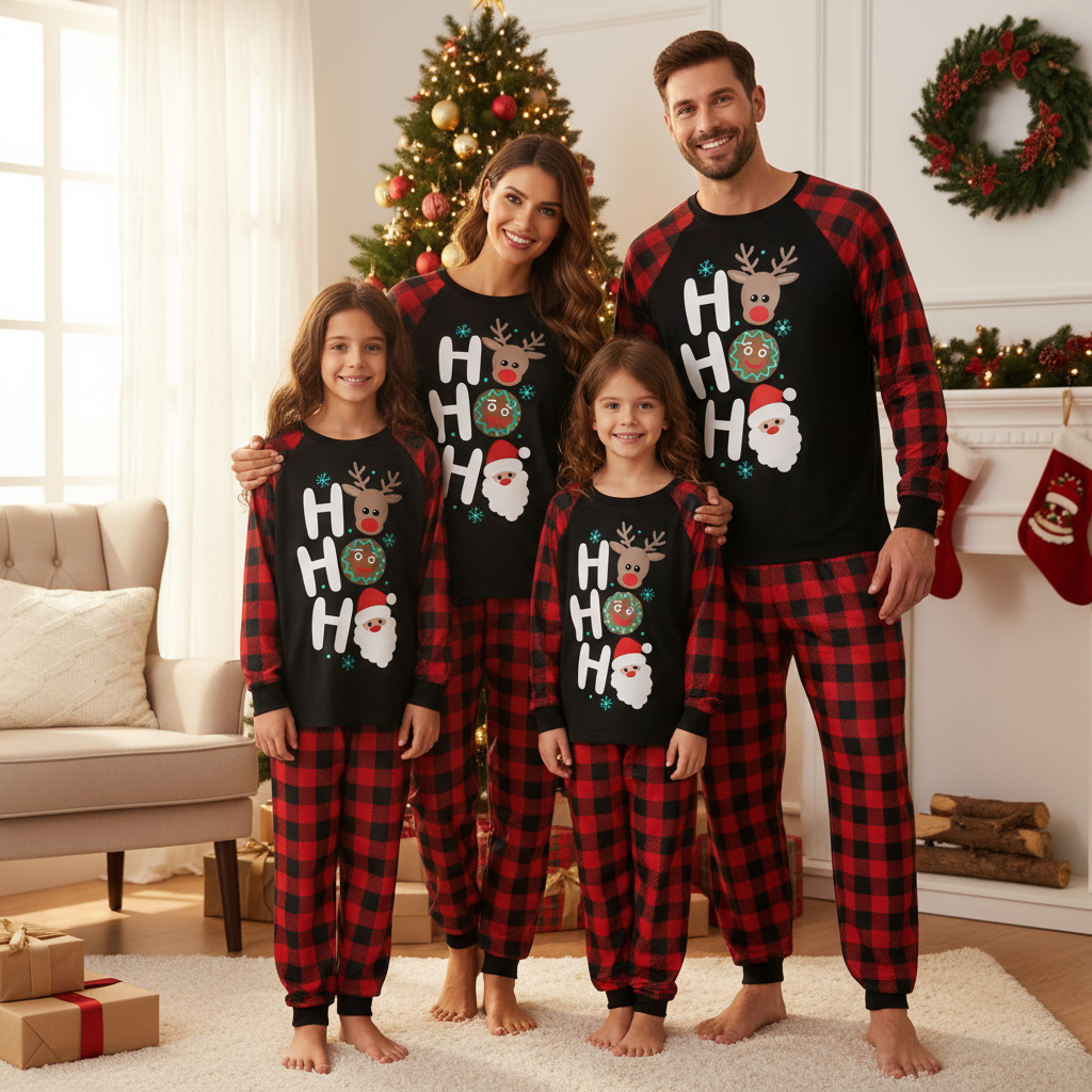 WW | Christmas "Ho Ho Ho" Letter Print Santa Claus & Gingerbread & Elk Pattern Contrast Black Top and Black & Red Plaid Pants Family Matching Pajama Set with Dog Bandana
