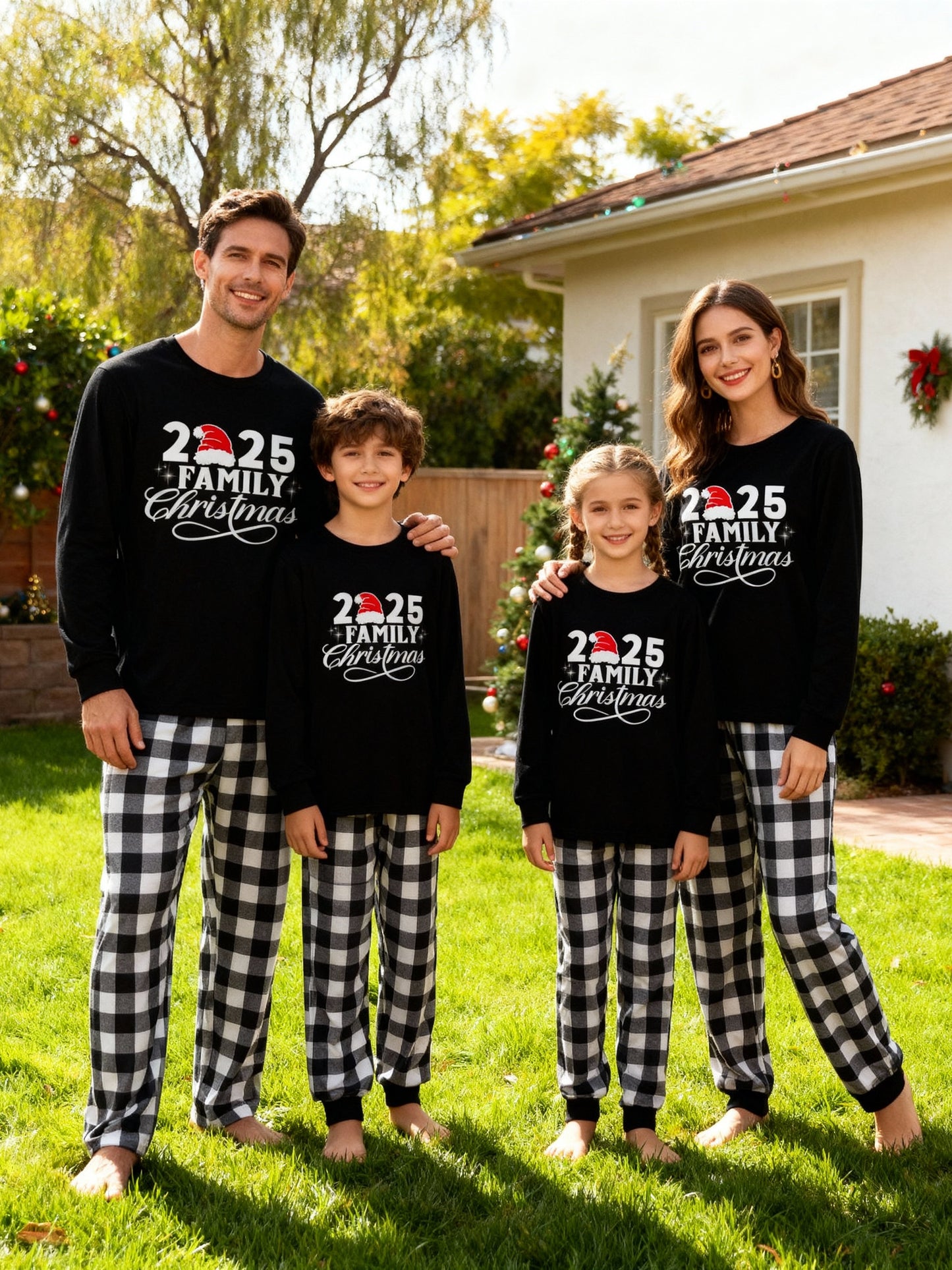 WW | "2025 Family Christmas" Letter Print Black Long-Sleeved T-Shirt with Black and White Plaid Pants Family Matching Pajamas
