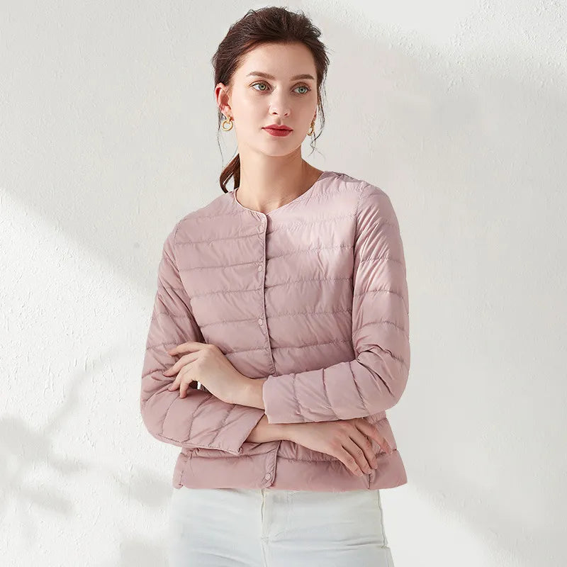 WW | Lightweight, collarless, and form-fitting quilted jacket for women