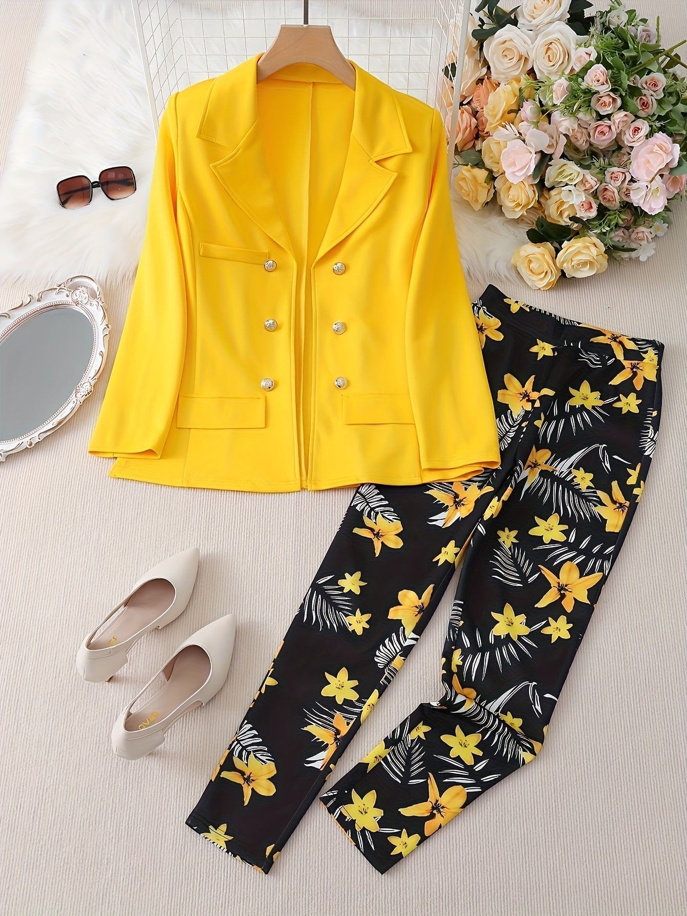 WW | Blazer Und Blumenmuster Outfit Set Für Damen - Perfekt für Alltagskleidung