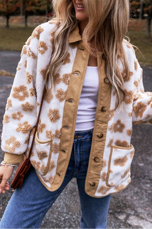 WW | Französisches Beige Süßes Blumenmuster Knopfleiste Fleecejacke