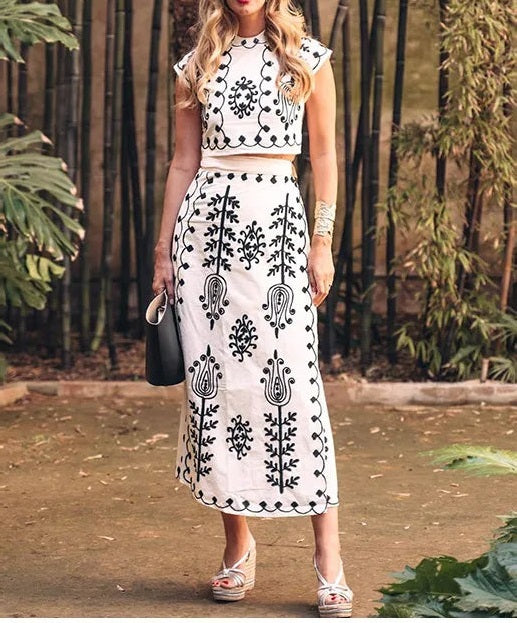 Set of a short top and a wrap skirt with an embroidered ethnic print