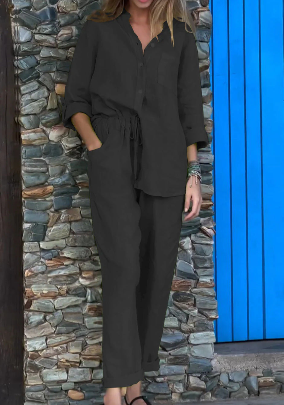 V-neck shirt and cotton trousers