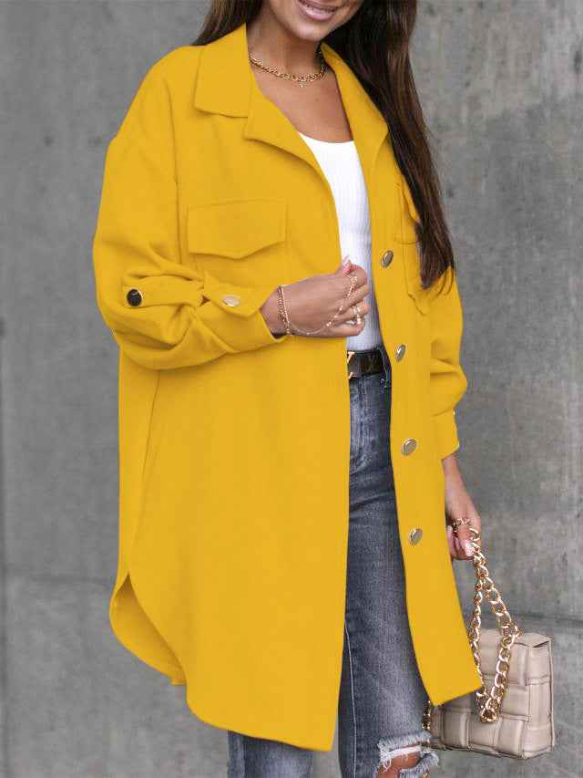 WW | Comfortable long shirt jacket with buttons, wool collar and lapels