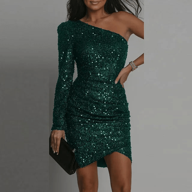WW | Elegant One-Shoulder Sequin Wrap-Style Dress for Women