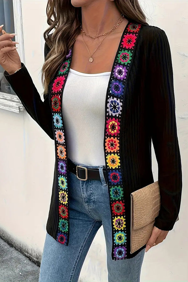 WW | Boho knit cardigan with floral trim and long sleeves