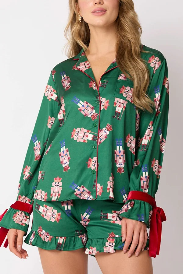 WW | Weihnachten Mode Gedruckte Fliege Oberteil und Elastischer Taillen Rüschenshorts Set