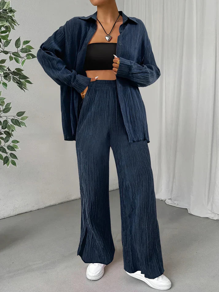 WW | Button-Down & Elastic Waistband Pants Outfit Set for Women - Ideal for Fall/Winter