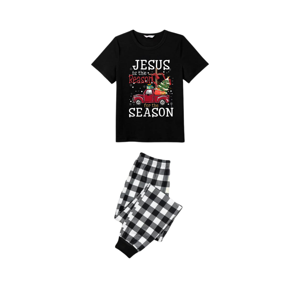 WW | Couple Black and White Plaid Christmas Short Sleeve Pajama Set With "Jesus Is The Reason For The Season" Text Print