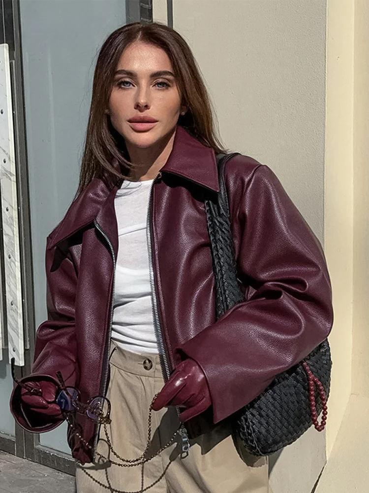 WW | Bordeaux red faux leather jacket with stylish lapel collar and zipper detail