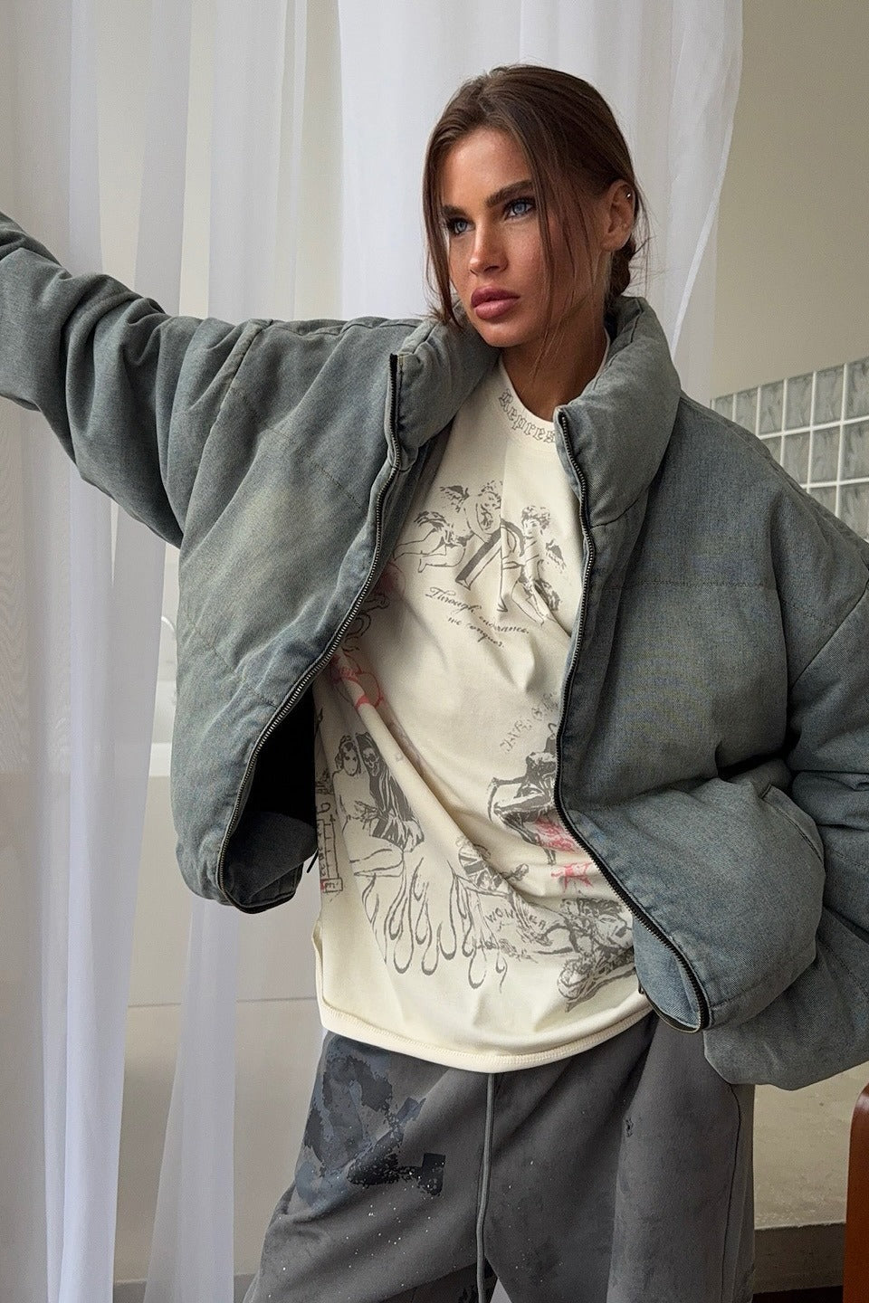 WW | Denim Stehkragen Pufferjacke
