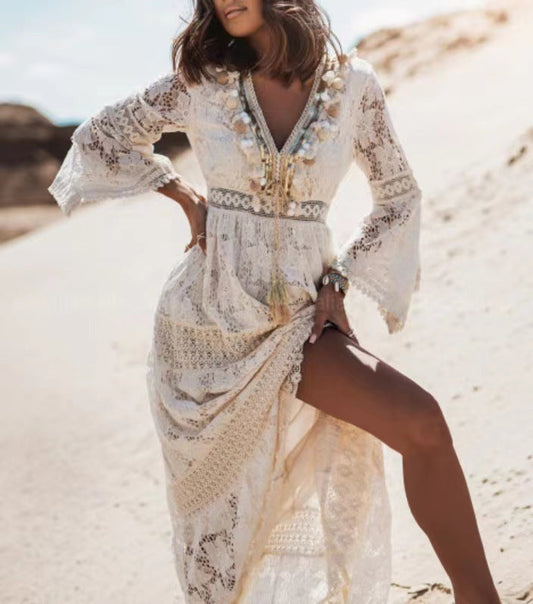 WW | Women's Long-Sleeved Lace-Up Maxi Dress