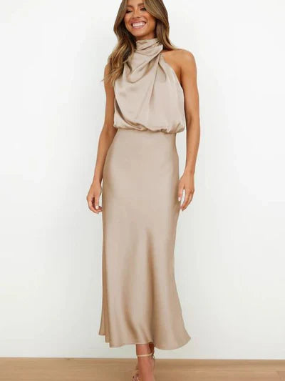 WW | Elegantes Halter Midi Kleid Für Damen Mit Hohem Hals Und Satinlook