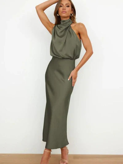 WW | Elegantes Halter Midi Kleid Für Damen Mit Hohem Hals Und Satinlook