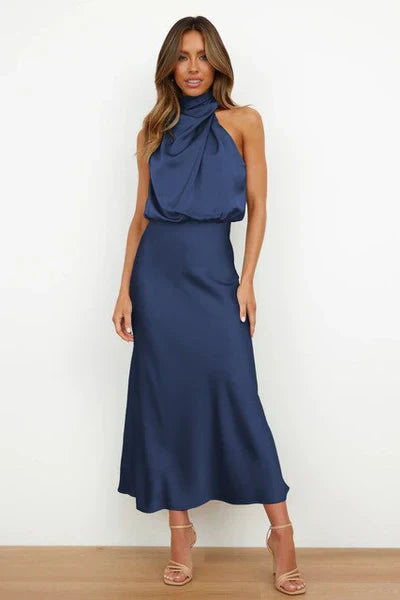 WW | Elegantes Halter Midi Kleid Für Damen Mit Hohem Hals Und Satinlook