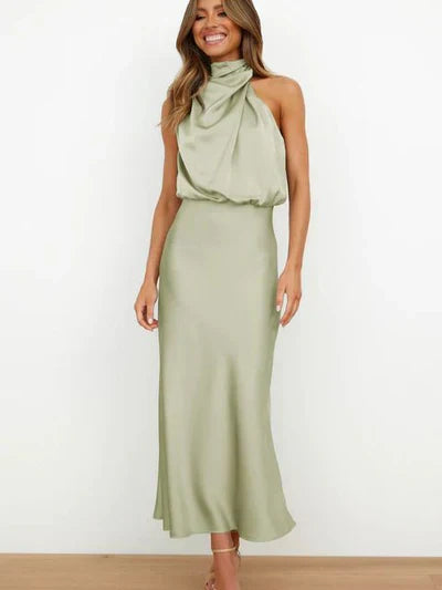 WW | Elegantes Halter Midi Kleid Für Damen Mit Hohem Hals Und Satinlook