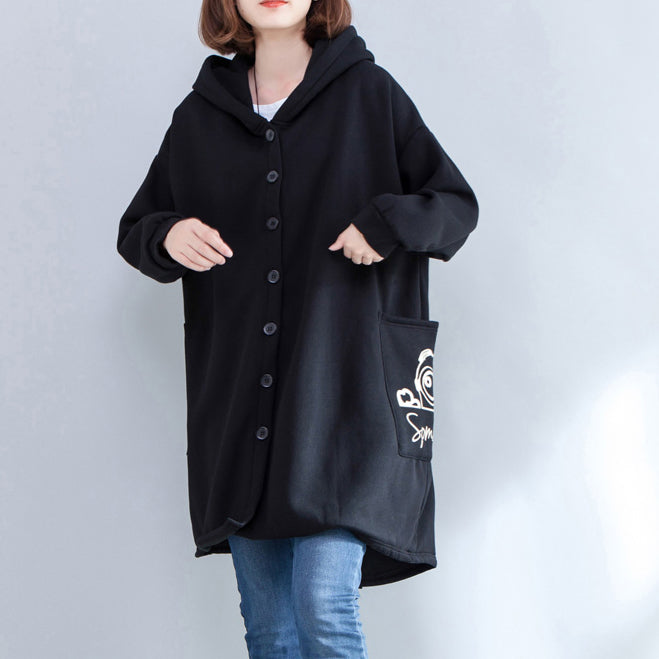 WW | neue Drucke schwarze lässige Mäntel Oversize Kapuzen Rückseite offen Cardigans Kleidung