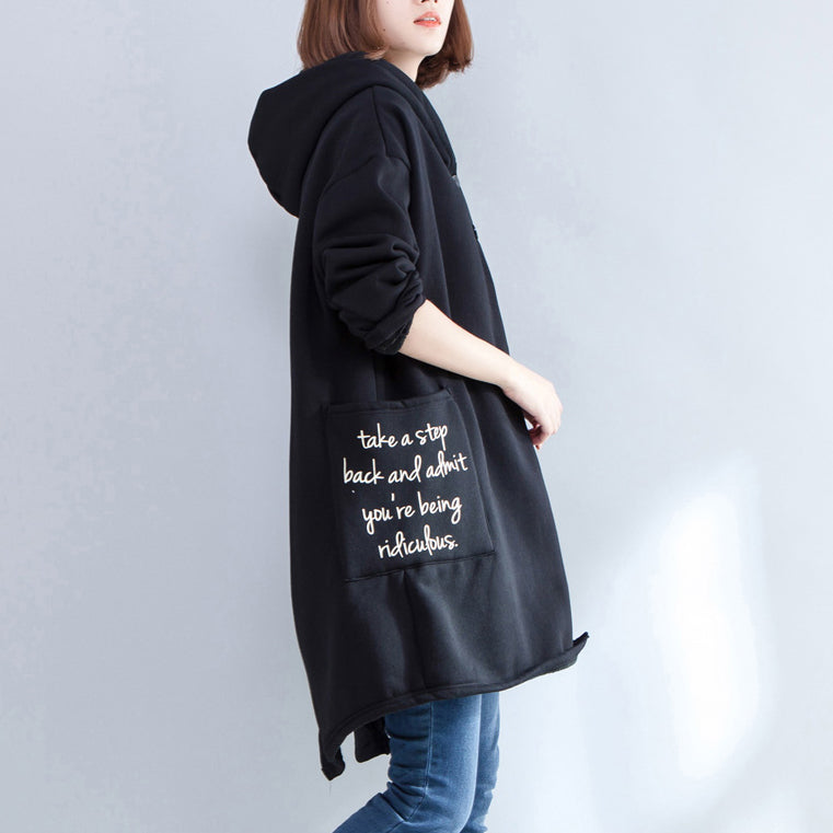 WW | neue Drucke schwarze lässige Mäntel Oversize Kapuzen Rückseite offen Cardigans Kleidung